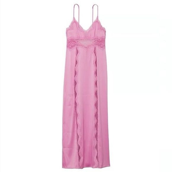 Victoria’s Secret Pink Satin Lace Slip Dress Nightgown Small Maxi Lingerie 🌸 - Picture 3 of 14